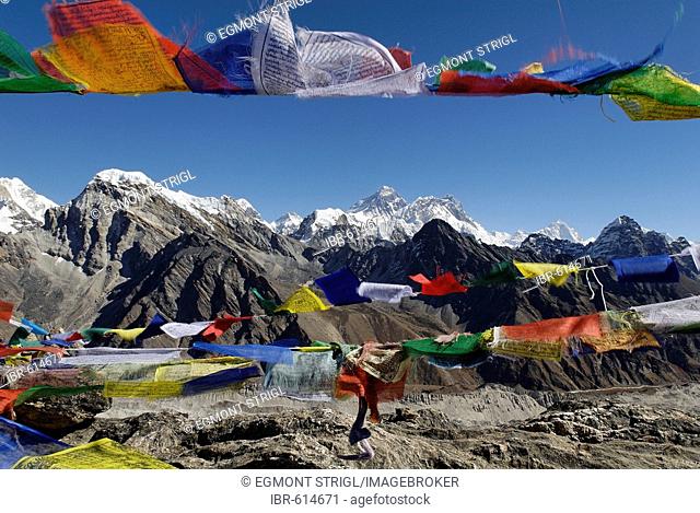 View from Gokyo Ri (5360) towards Mount Everest (8850), Nuptse (7861), Lhotse (8501) and Makalu (8463), Sagarmatha National Park, Khumbu Himal, Nepal