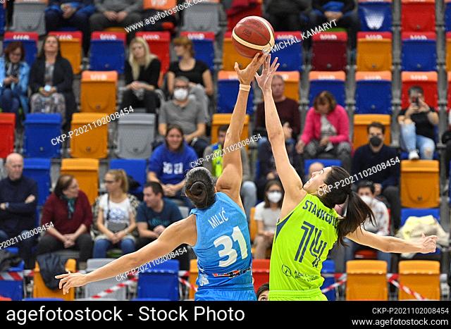From left Nikolina Milic of Szekszard and Lucie Stankovic of USK in action during the European women’s basketball league game