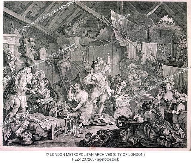 'Strolling actresses dressing in a barn', 1738. A provincial company is in a barn, surrounded by costumes and props, preparing for its last performance