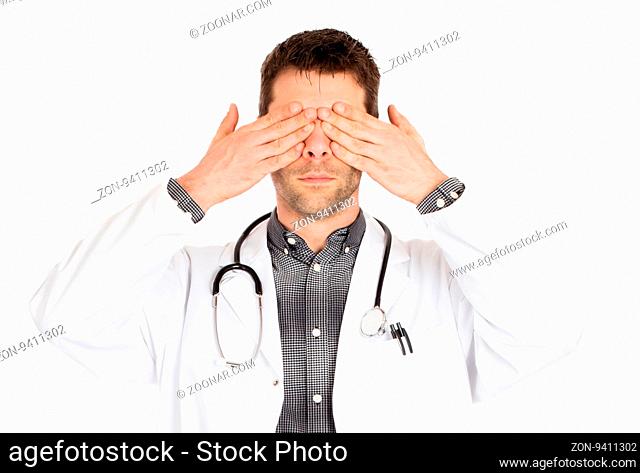 Doctor isolated on white - Sees no evil - Concept for not rocking the boat in medical circles
