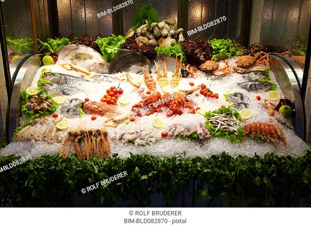 Seafood displayed on ice