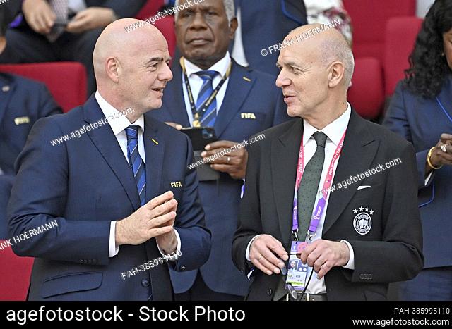 From left:FIFA President Gianni INFANTINO, with Bernd NEUENDORF (DFB President) Germany (GER) - Japan (JPN) 1-2 group phase Group E on November 23rd, 2022