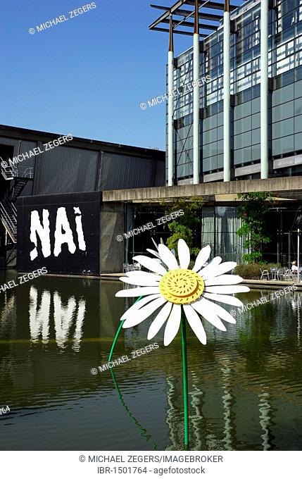 Modern architecture by Jo Coenen, Nederlands Architectuur Instituut NAI, Netherlands Architecture Institute, pool with flowers at the Museumpark, Rotterdam