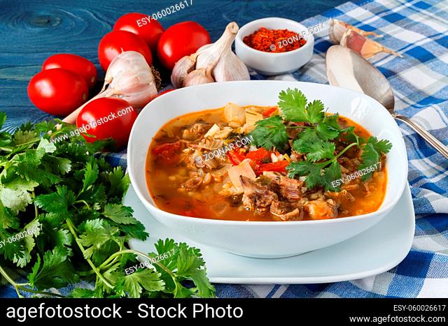 Hot Georgian cuisine soup kharcho with lamb