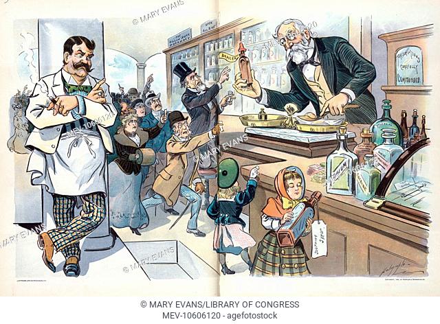 The age of drugs. Illustration shows the interior of a drugstore with an elderly man, the pharmacist, dispensing a Bracer to a crowd of eager consumers