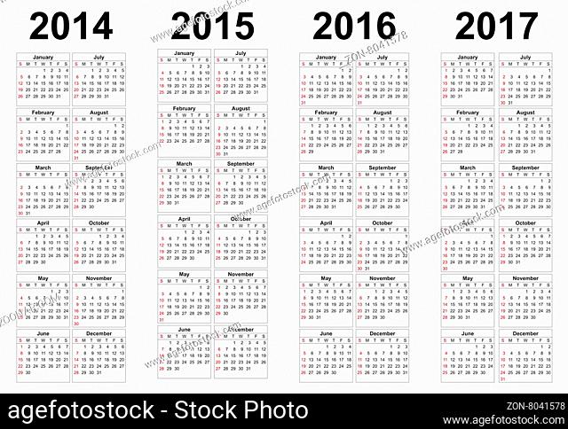 Set of square european 2014, 2015, 2016, 2017 year vector calendars