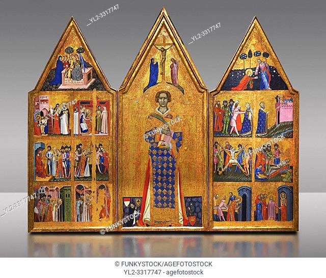 Gothic painted Panel Altarpiece of Saint Vincent by Master of Estopanya. Tempera and gold leaf on wood. Circa 1350-1370. 199 x 255 x 10 cm