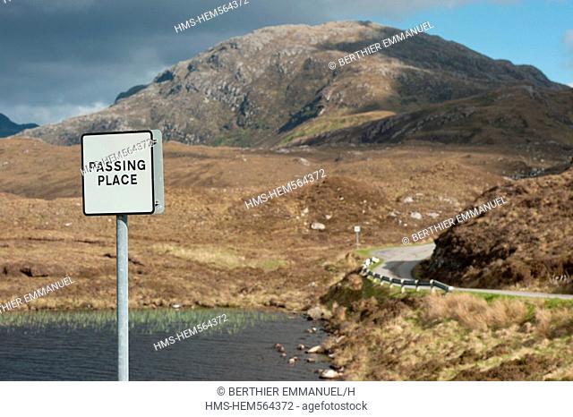 United Kingdom, Scotland, Northwest Highlands, Lochinver, passing place panel