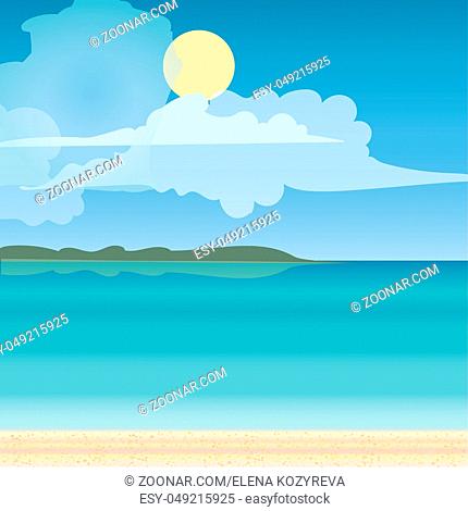 Sea horizon nature landscape. Tourism journey on the sea. Tropical travel beach vacation. Vector illustration