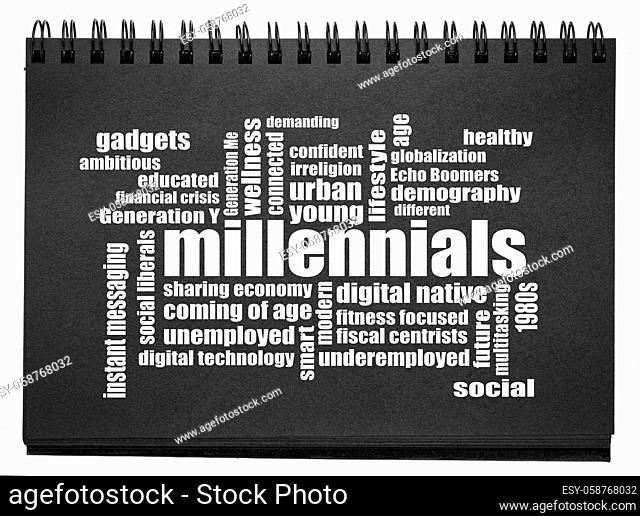 millennials generation word cloud, demography concept - white text in an isolated black paper sketchbook