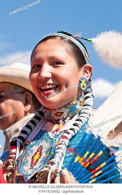 Young Blackfoot girl in traditional regalia, Siksika Nation Pow-wow, Gleichen, Alberta, Canada