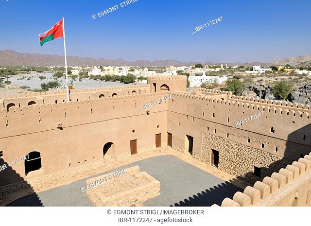 Historic adobe fortification Al Awabi Fort or Castle, Hajar al Gharbi Mountains, Batinah Region, Sultanate of Oman, Arabia, Middle East