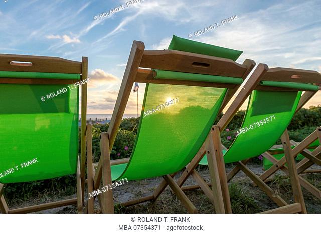 Germany, Lower Saxony, East Frisia, Juist, deckchairs of a bar on the beach promenade