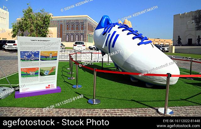 November 16, 2022, Doha, Qatar: The world's largest football cleat by the artist M. Dileef, has been put on display at Katara Cultural Village