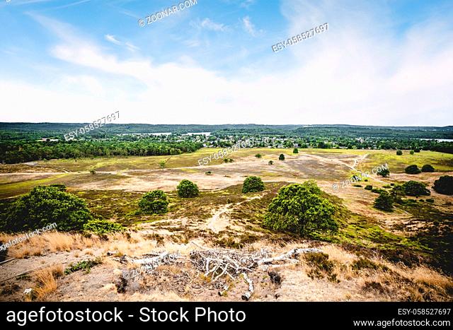 View from a hill in the summer with dry plains under a blue sky