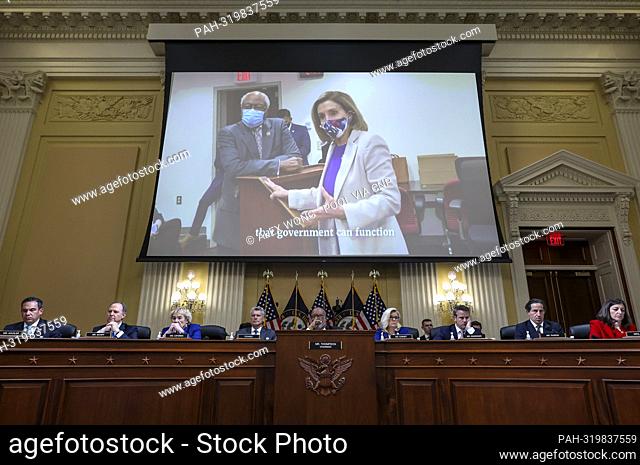 WASHINGTON, DC - OCTOBER 13: A video of Speaker of the United States House of Representatives Nancy Pelosi (Democrat of California) and US House Majority Whip...