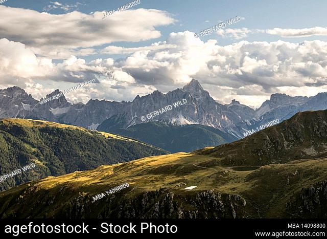 view from the thurntaler mountain over the thurntaler lakes to the dreischusterspitze (3145 m) in the sesto dolomites, view from austria to italy