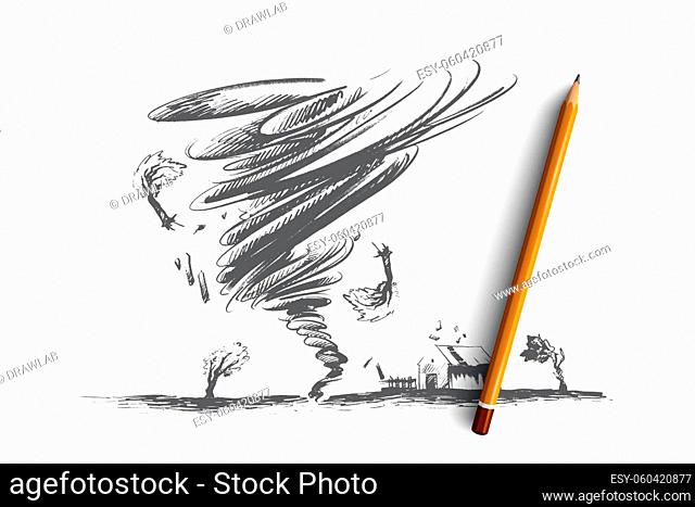 Tornado concept. Hand drawn tornado swirl damages village house and trees. Huge vortex destroyed building isolated vector illustration