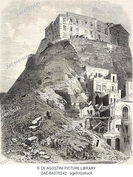 Collapse of the supporting wall of Pizzofalcone barracks, Naples, Italy, from a photograph by Bernoud, engraving by Provost from L'Illustration