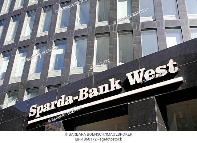 Sparda Bank West, logo, RWE Tower, downtown, Dortmund, Ruhrgebiet region, North Rhine-Westphalia, Germany, Europe