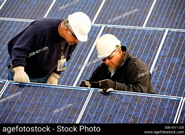 Engineers checking solar panels at White Bluffs Solar Station, Richland, Washington State, USA