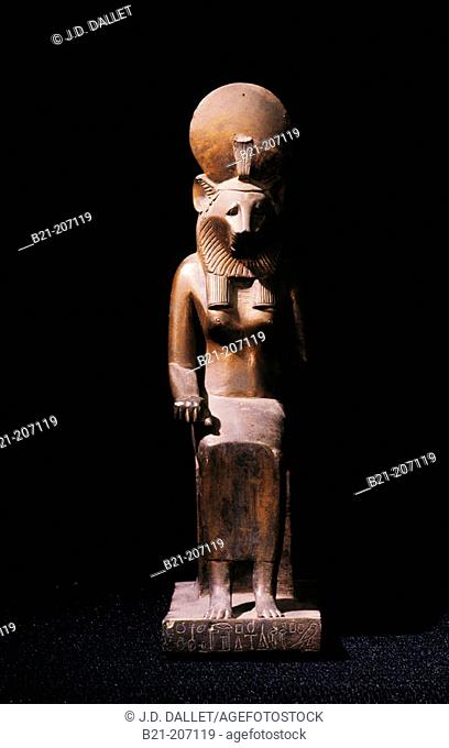 Statue of Sekhmet with sundisk, a goddess of war and the destroyer of the enemies of the sun god Re in Egyptian religion. Egyptian Museum. Egypt