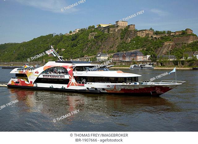 The official ship of the Federal Horticultural Show BUGA 2011 on the Rhine river in front of Festung Ehrenbreitstein fortress, Koblenz, Rhineland-Palatinate