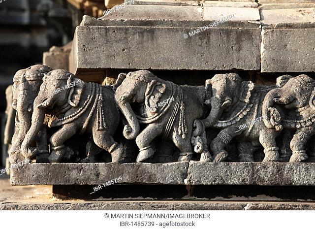 Reliefs of elephants, Chennakesava Temple, Keshava Temple, Hoysala style, Belur, Karnataka, South India, India, South Asia, Asia