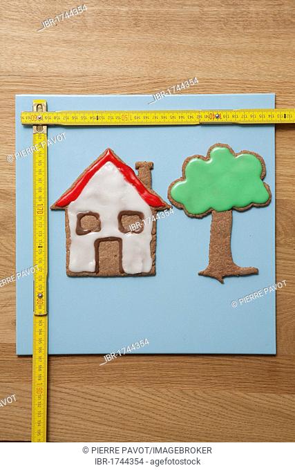 House and tree biscuits with a measuring stick, symbolic image for home construction