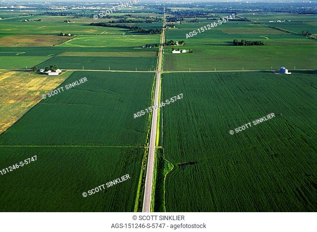Agriculture - Aerial view of central Iowa farmland in Spring showing farmsteads and a country road / IA