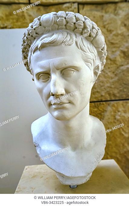 Emperor Augustus Caesar Bust Statue Ara Pacis Altar Peace Rome Italy. Monument to Emperor Augustus Caesar built 9 BC