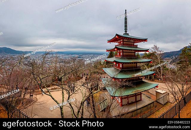 A panorama picture of the Chureito Pagoda overlooking the town of Kawaguchiko and Mt. Fuji (this one hidden by clouds)