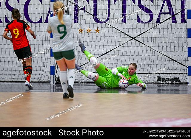 Estelle Loos (12) of Belgium pictured during a futsal game between Belgium called Red Flames Futsal and North-Ireland , on Sunday 3 December 2023 in Roosdaal