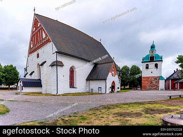Porvoo, Finland - 3 August, 2021: view of the cathedral and town square in the old city center of Porvoo