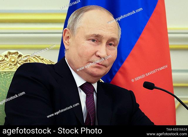 SAUDI ARABIA, RIYADH - DECEMBER 6, 2023: Russia's President Vladimir Putin is seen during a meeting with Saudi Arabia's Crown Prince and Prime Minister Mohammed...