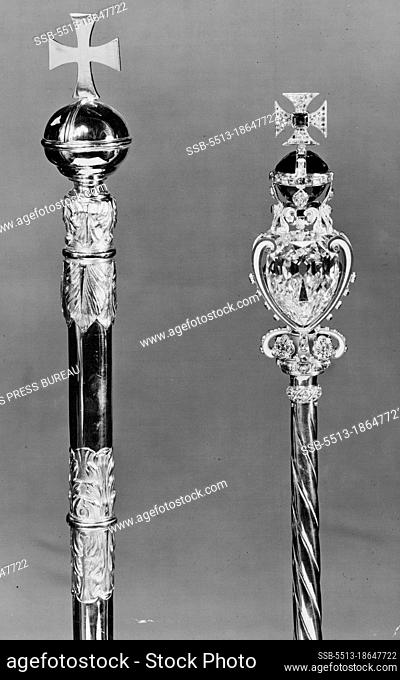 The British Crown Jewels: Royal Sceptres. On right is the head of the Royal Sceptre which contains the Great Star of Africa, cut from the Cullinan Diamond