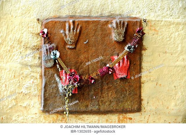 Handprints of widows who were burned with their dead men, Sati, Mehrangarh Fort, Jodhpur, Rajasthan, North India, India, South Asia, Asia