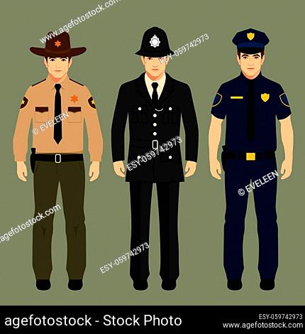 british policeman and sheriff uniform, vector police officers people, profession vector illustration
