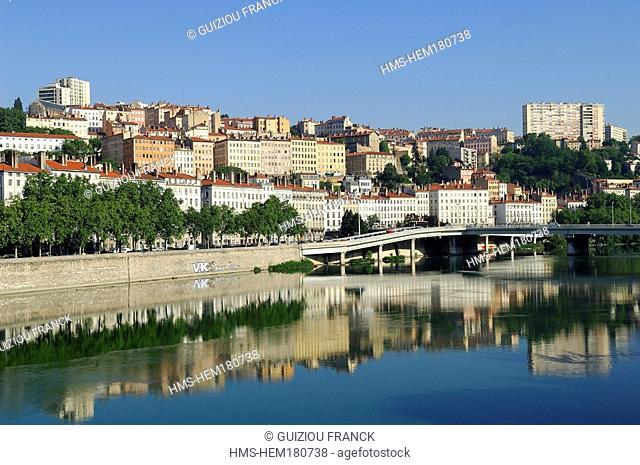 France, Rhone, Lyon, Rhone river bank and La Croix Rousse District