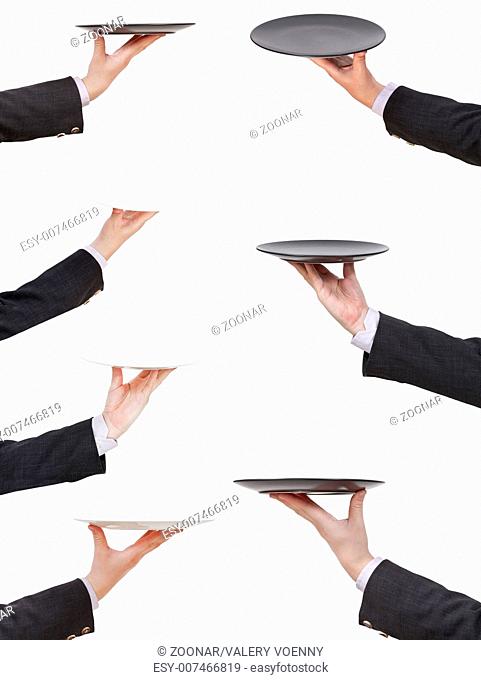 set of businessman palms with empty flat plate