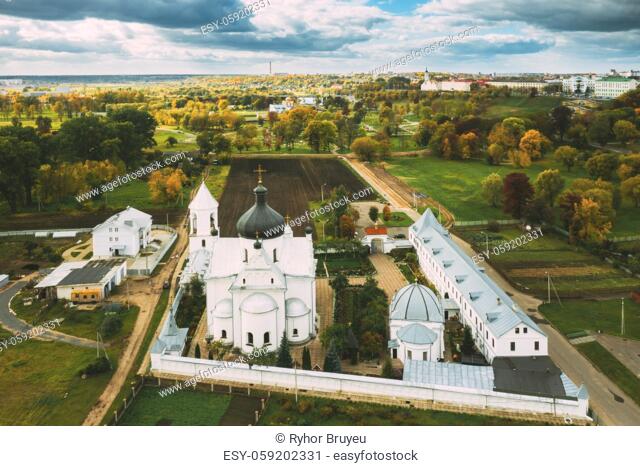 Mahiliou, Belarus. Mogilev Cityscape With Famous Landmark St. Nicholas Monastery. Aerial View Of Skyline In Autumn Day. Bird's-eye View