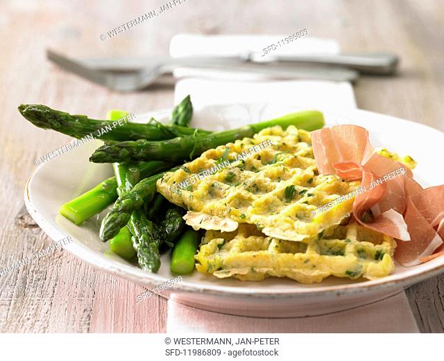 Glazed asparagus with potato waffles