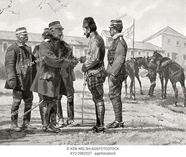 The surrender of Yanina to the Greek Army after the Battle of Bizani, 1913. Seen here, Greek Cavalry General Alexandros Soutsos (center left) shaking hands with...