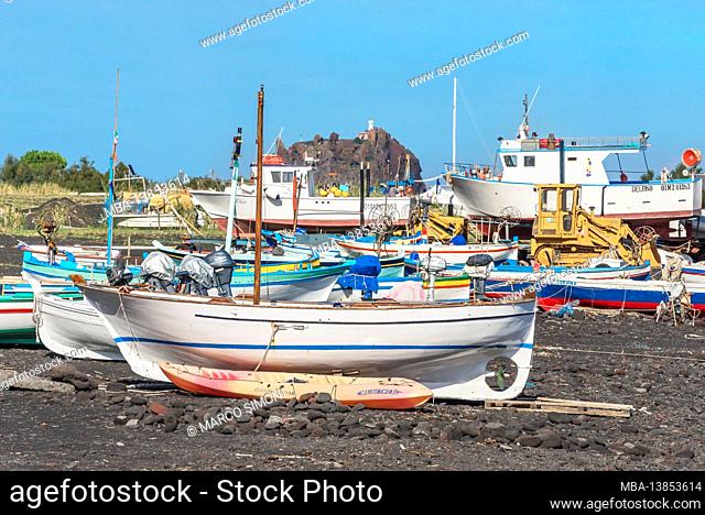 Fishing boats on Scari beach, Stromboli, Aeolian Islands, Sicily, Italy