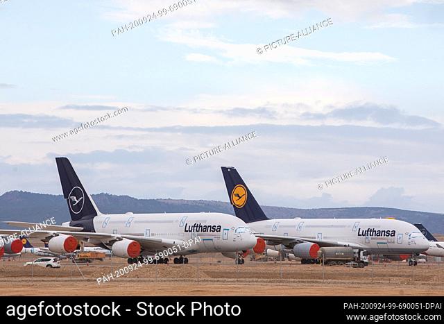 23 September 2020, Spain, Teruel: Two Airbus A380 of the airline Lufthansa are parked at Teruel Airport. Due to the low level of intercontinental traffic