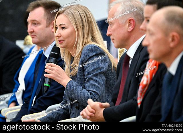 RUSSIA, MOSCOW - JULY 4, 2023: Russian Federal Tax Service deputy chief Yulia Shepeleva speaks during a meeting of Russia’s President Vladimir Putin with alumni...