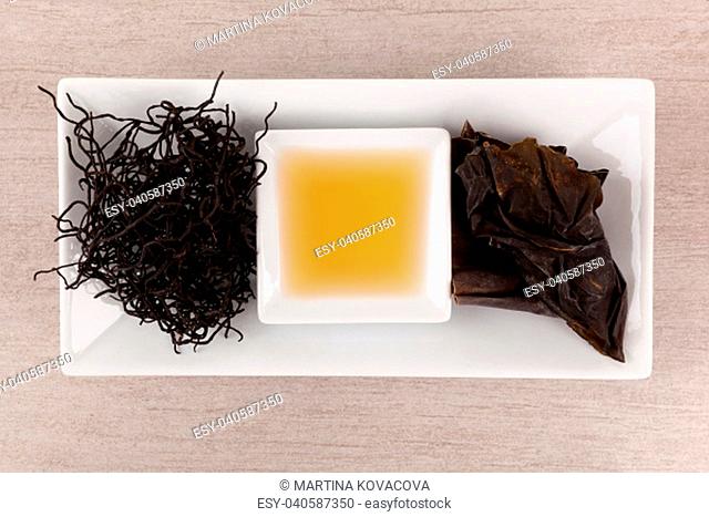 Traditional chinese medicine seaweed and Dan Shen. TCM top view