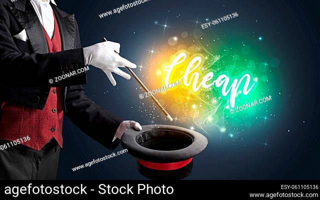 Magician hand conjure with wand and Cheap inscription, shopping concept