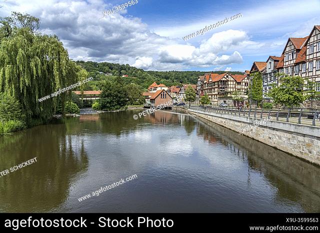 city view with timber-framed houses and Fulda river in Hann. Münden, Lower Saxony, Germany