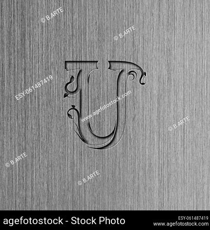 Macro shot of brushed steel with the letter U, metal texture background